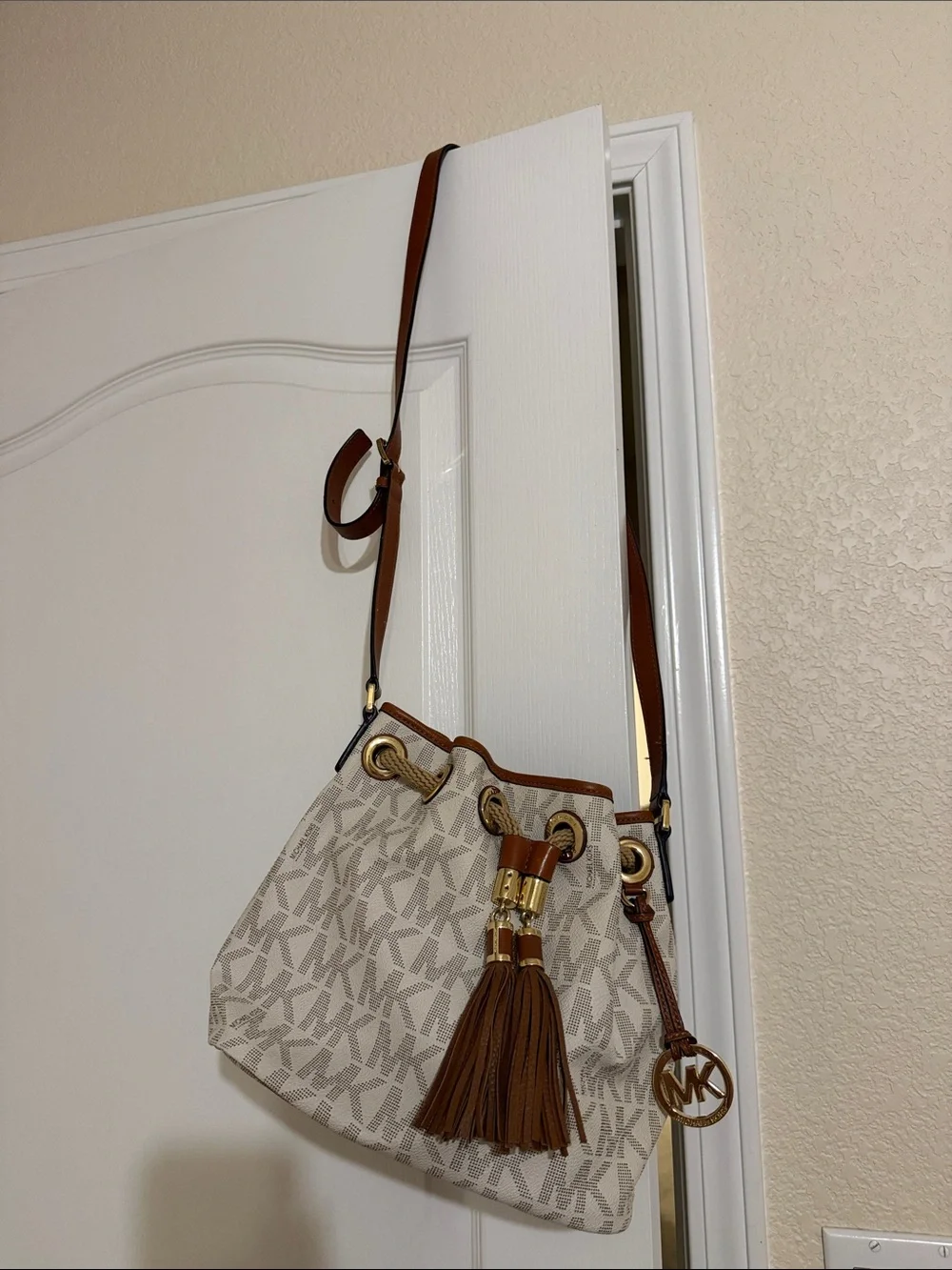 Michael Kors Vanilla MK Logo Crossbody with Brown Leather Trim